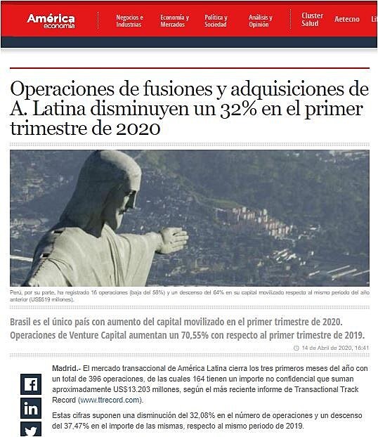 Operaciones de fusiones y adquisiciones de A. Latina disminuyen un 32% en el primer trimestre de 2020